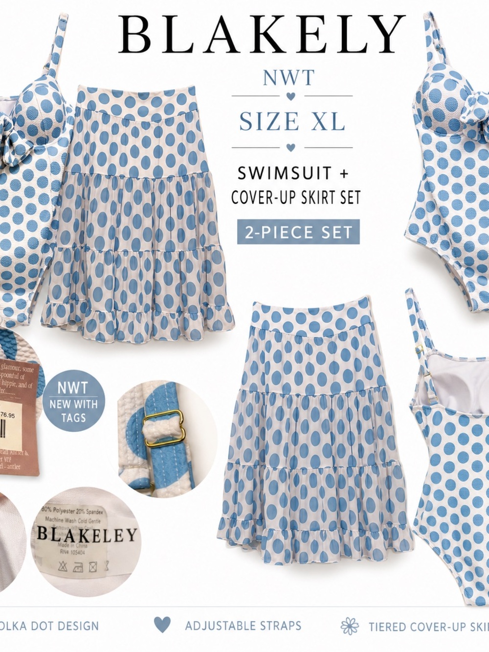 Blakely Blue Polka Dot One-Piece Swimsuit with Tiered Cover-Up Skirt, XL